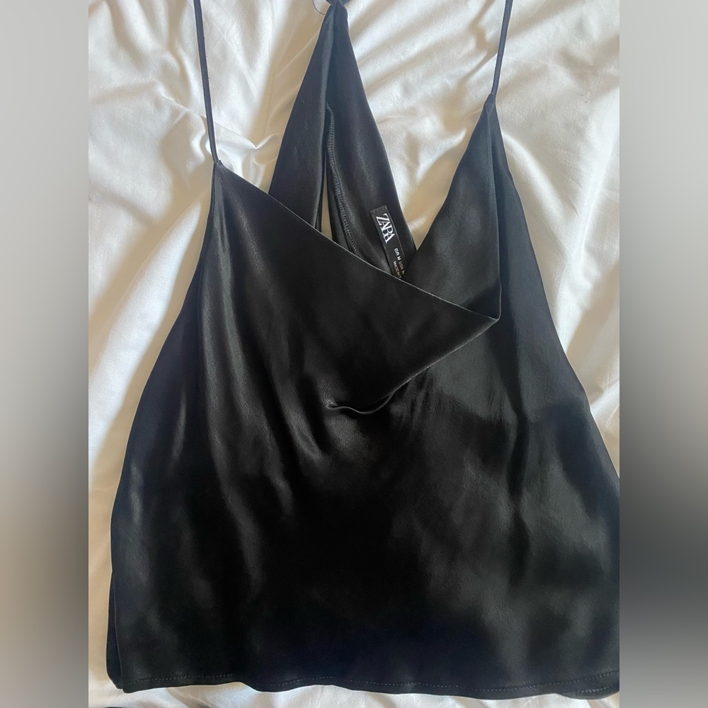 Zara black silk tank top with open back